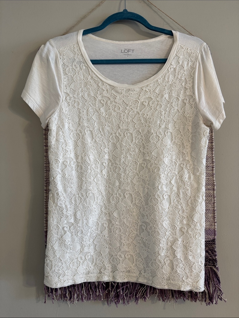 LOFT Cream Lace-Front Short Sleeve Tee
